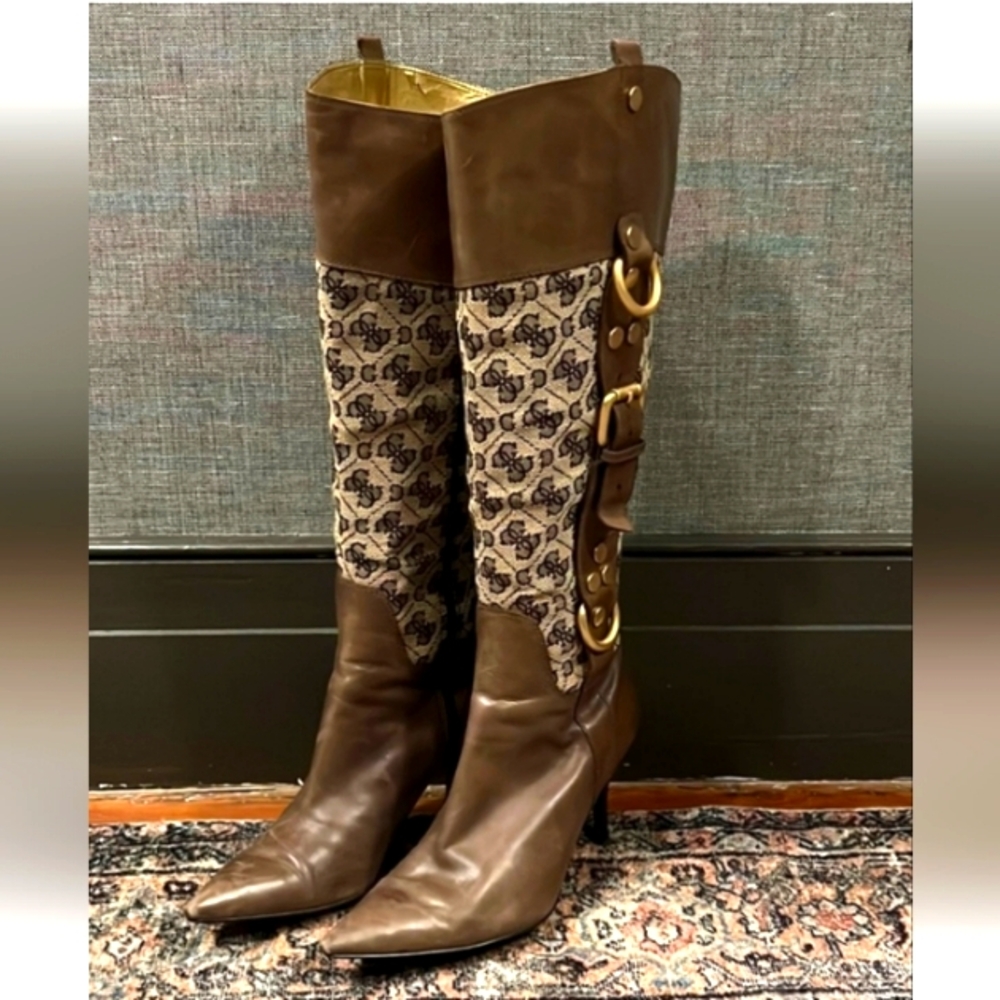 Guess leather/fabric equestrian style pointy toe boots